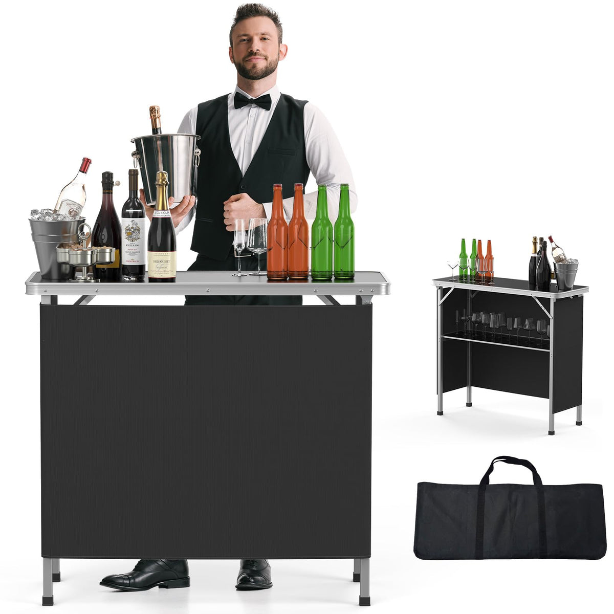 Portable 2-Tier Mobile Bar Table with Black Skirt R985