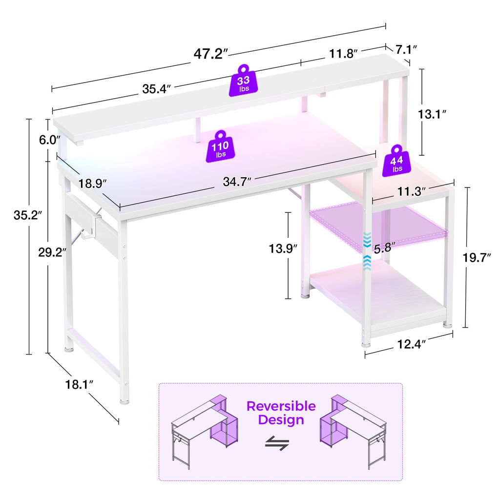 48 Inch White Gaming Desk with LED Lights H7487
