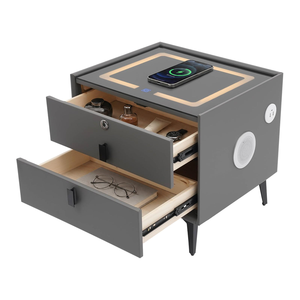 Smart Nightstand with Fingerprint Lock, Wireless Charging & 2-Drawer I35377