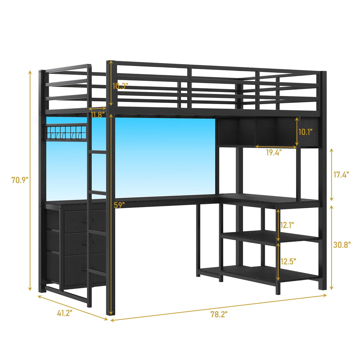 Twin Loft Bed with L-Shaped Desk and LED Lights T76870