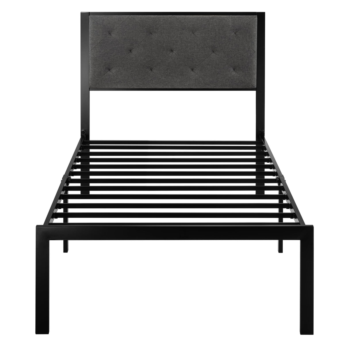 Twin Bed Frame with Upholstered Headboard, Dark Grey X43649