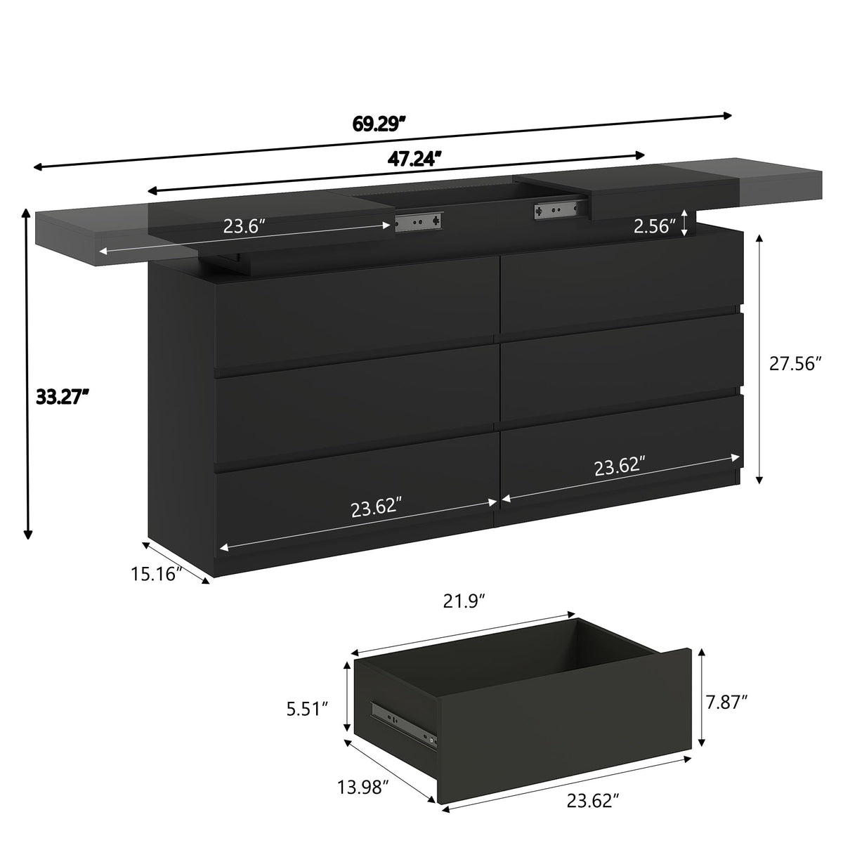 Black 6 Drawer Dresser with Sliding Desktop L608255
