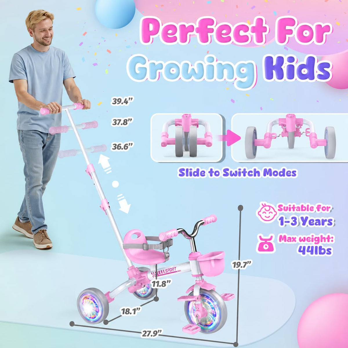 5 in 1 Pink Tricycle with Push Handle U9244