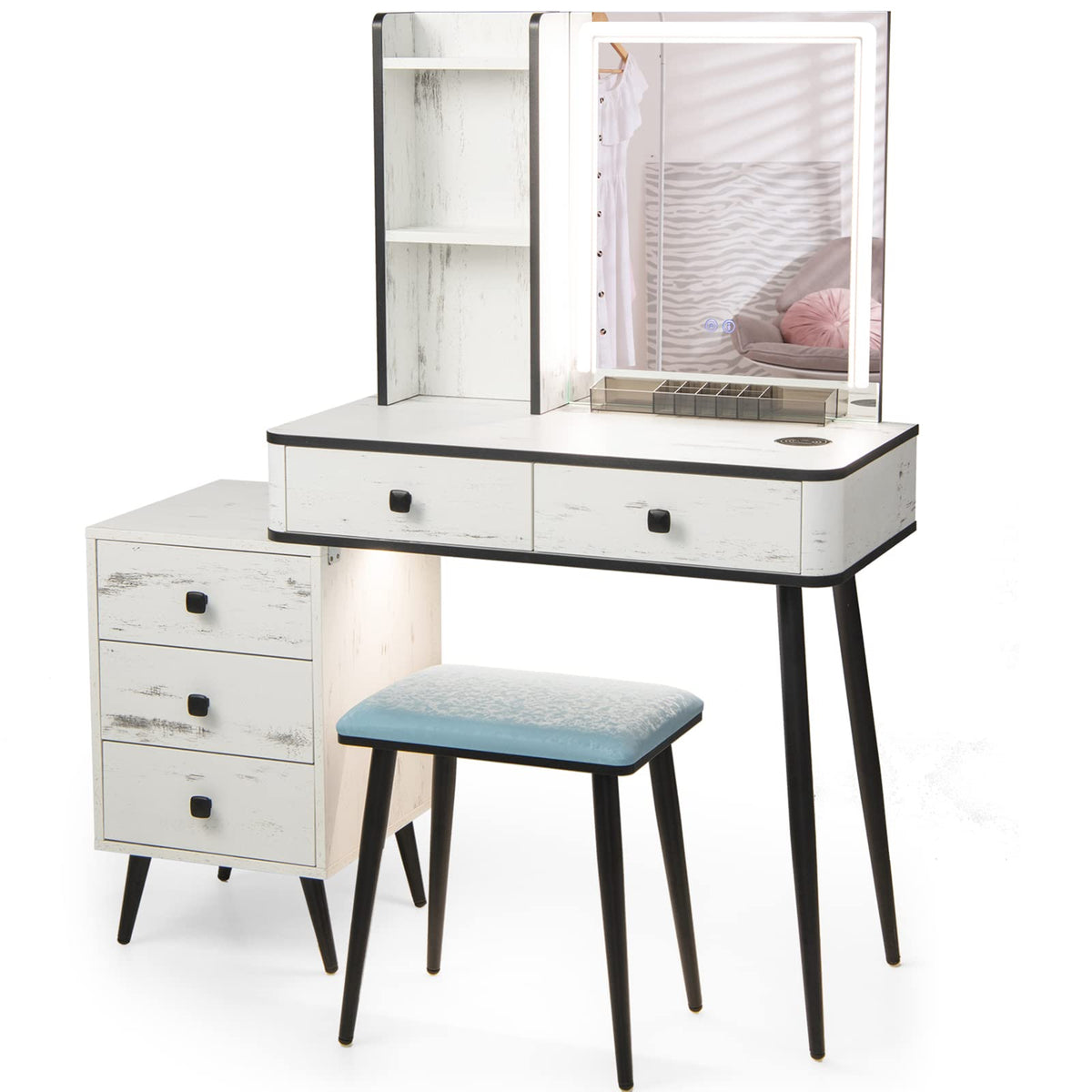 Makeup Vanity Table with Lighted Mirror and Stool U57166