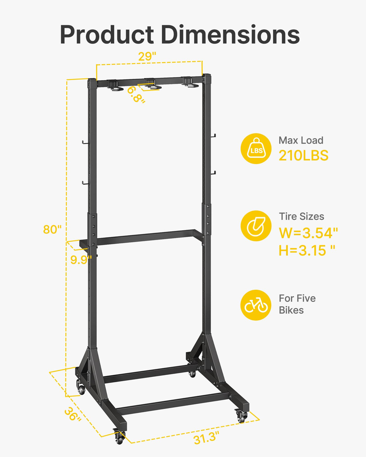 Freestanding Bike Storage Rack with Wheels for 3 Bikes F881