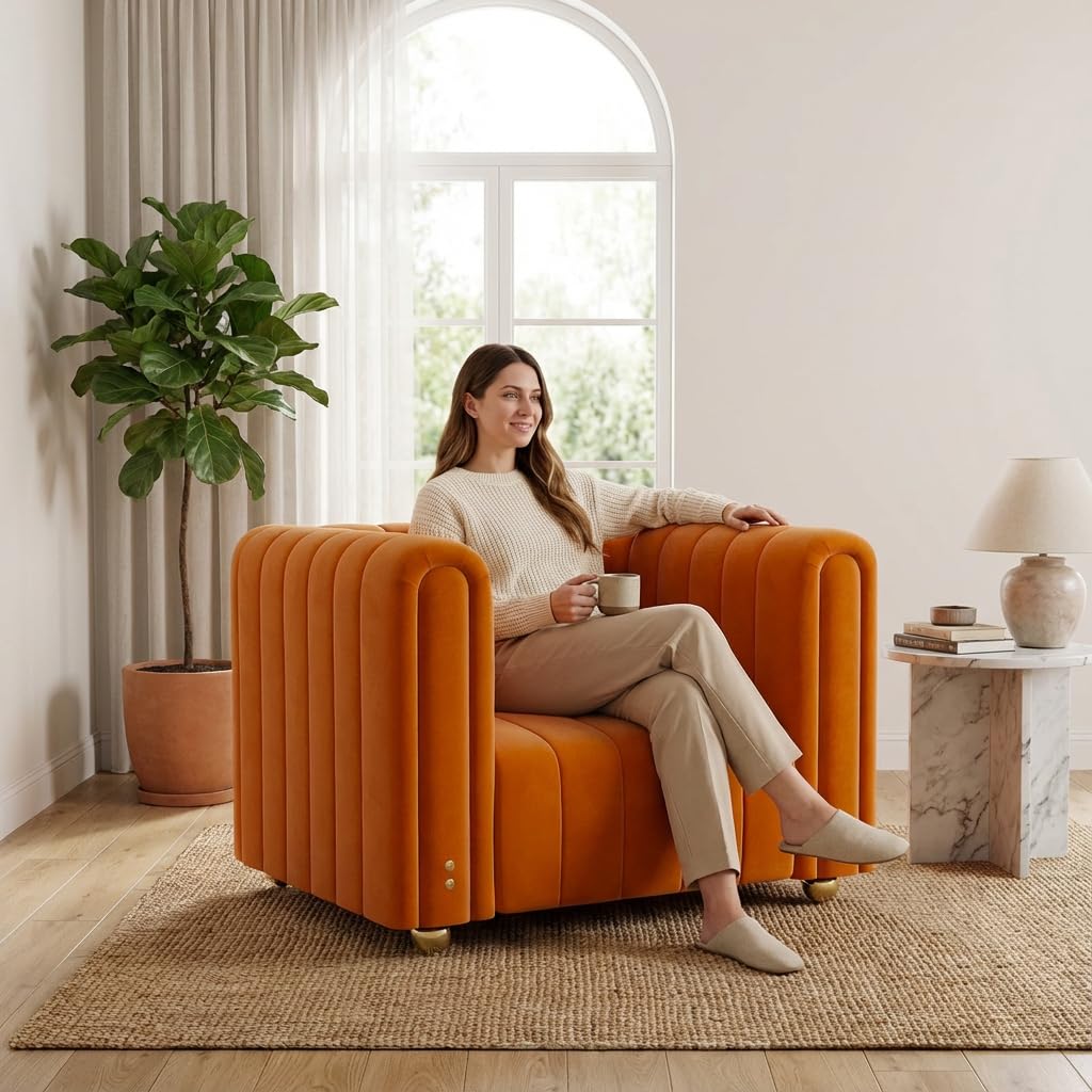 40" Orange Velvet Accent Chair with Gold Metal Legs Z684454