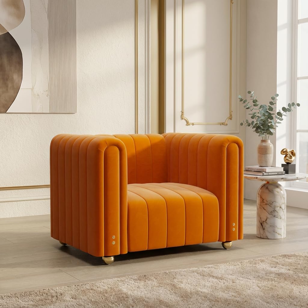 40" Orange Velvet Accent Chair with Gold Metal Legs Z684454