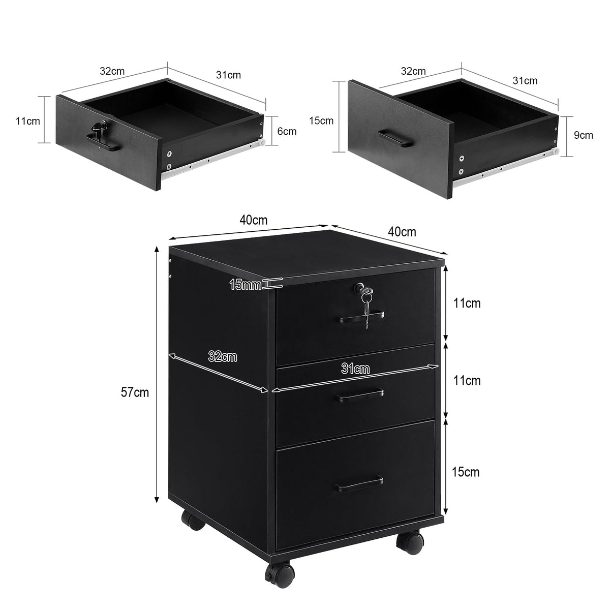 3 Drawer Black File Cabinet with Lock K7575