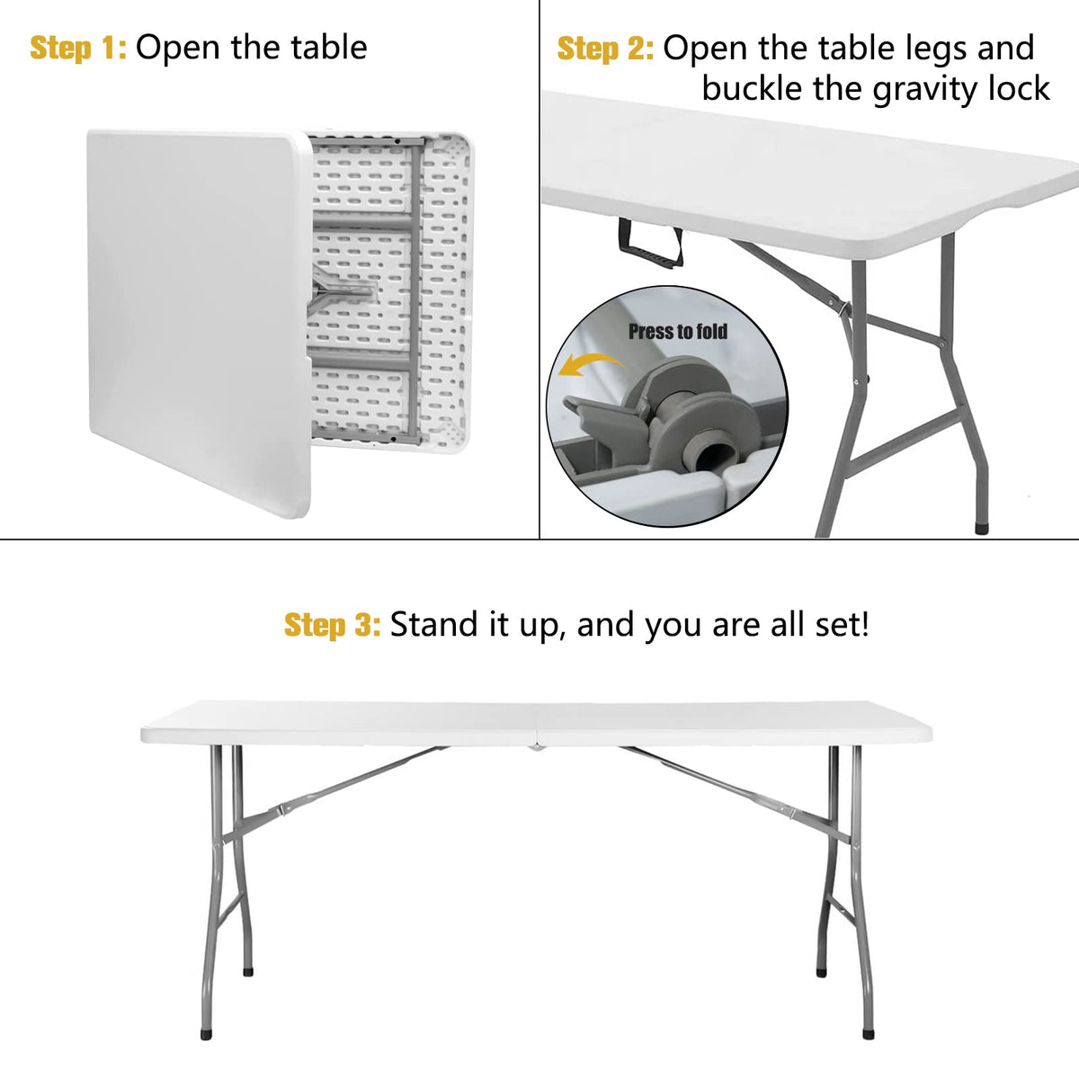 Folding Table 6ft Portable Heavy Duty Plastic White K19001