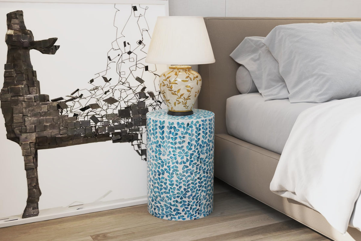Mother of Pearl Inlaid Cylinder Drum End Table I3011
