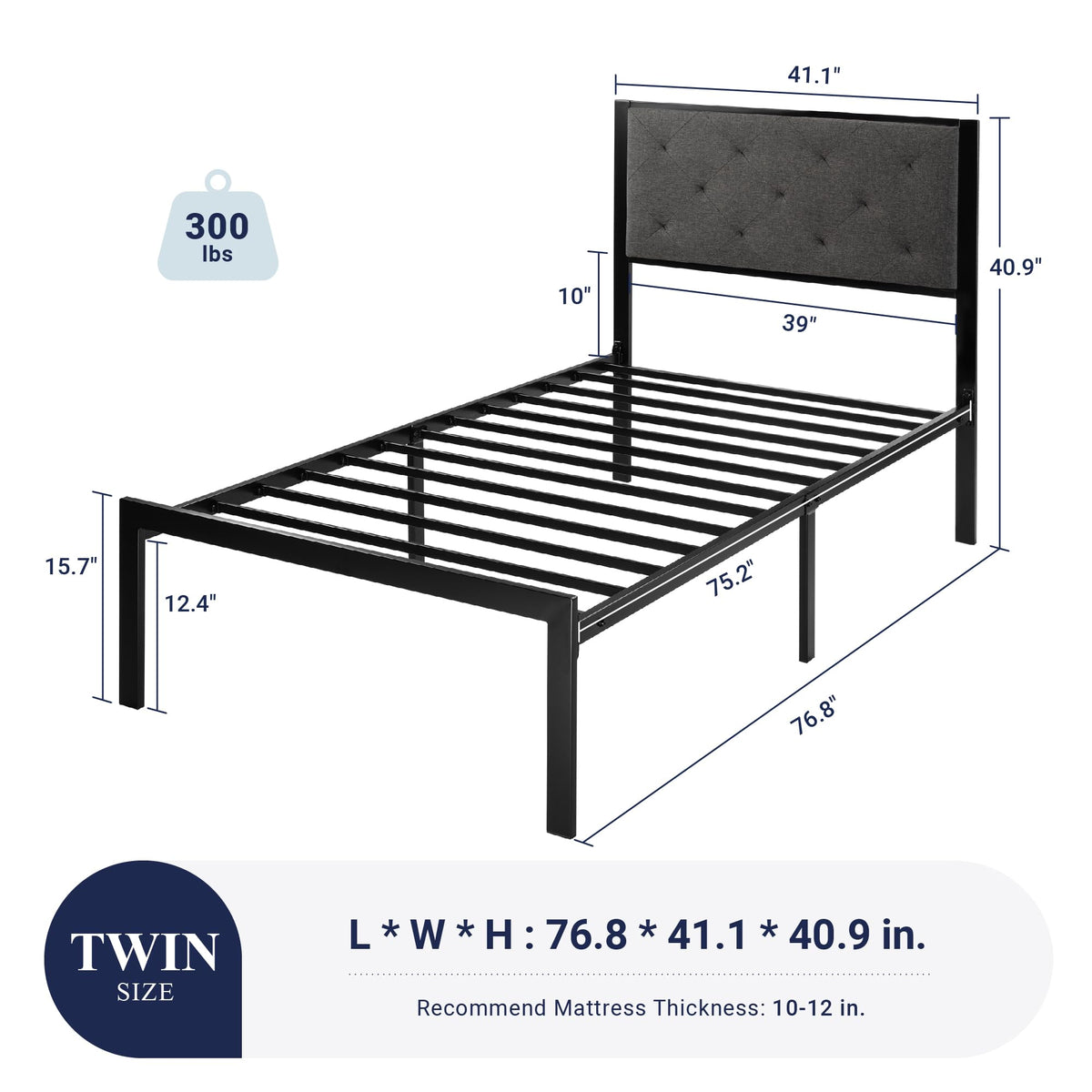 Twin Bed Frame with Upholstered Headboard, Dark Grey X43649