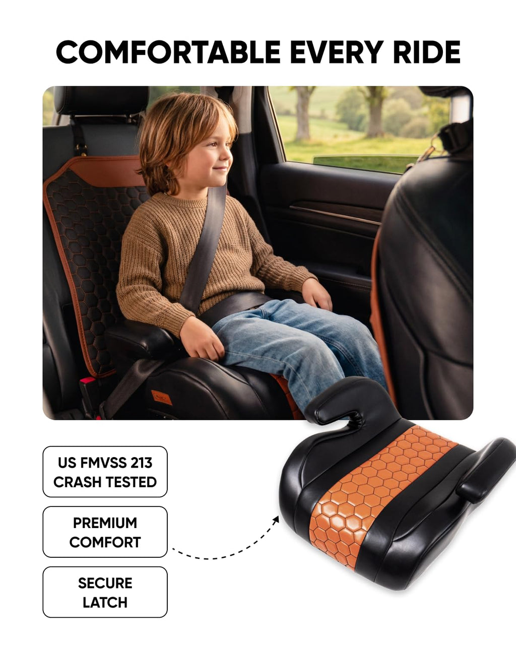 Backless Booster Car Seat with Latch Connectors, 40-100 lbs, Black-Brown Q601