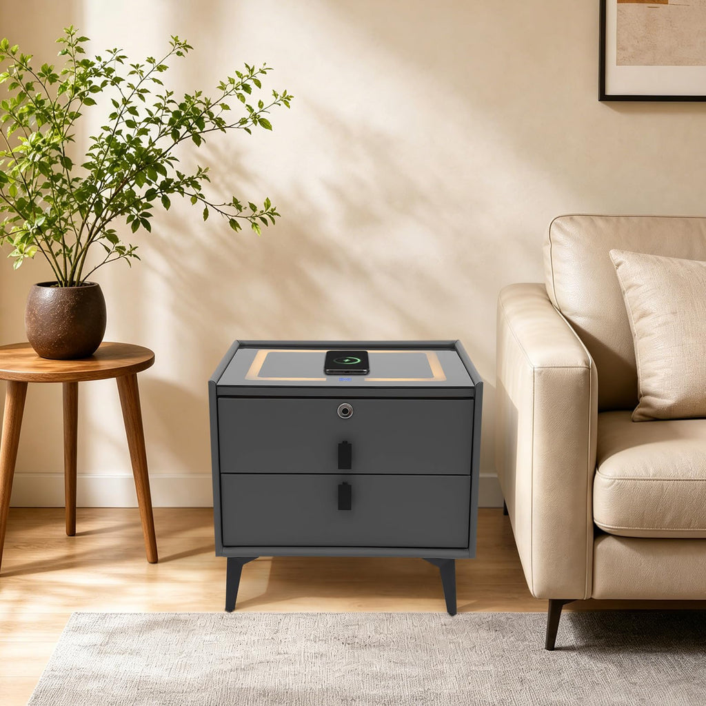 Smart Nightstand with Fingerprint Lock, Wireless Charging & 2-Drawer I35377