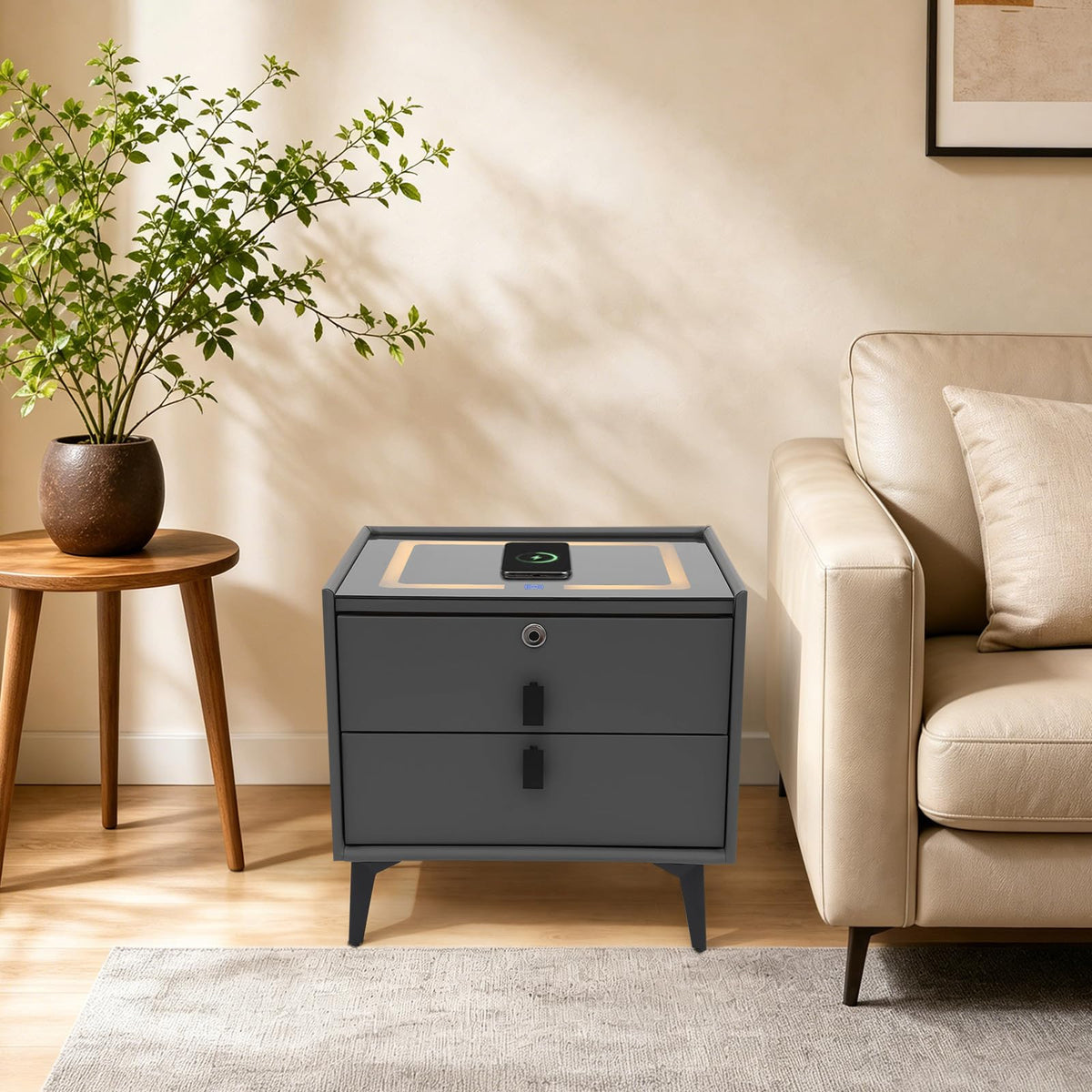Smart Nightstand with Fingerprint Lock, Wireless Charging & 2-Drawer I35377