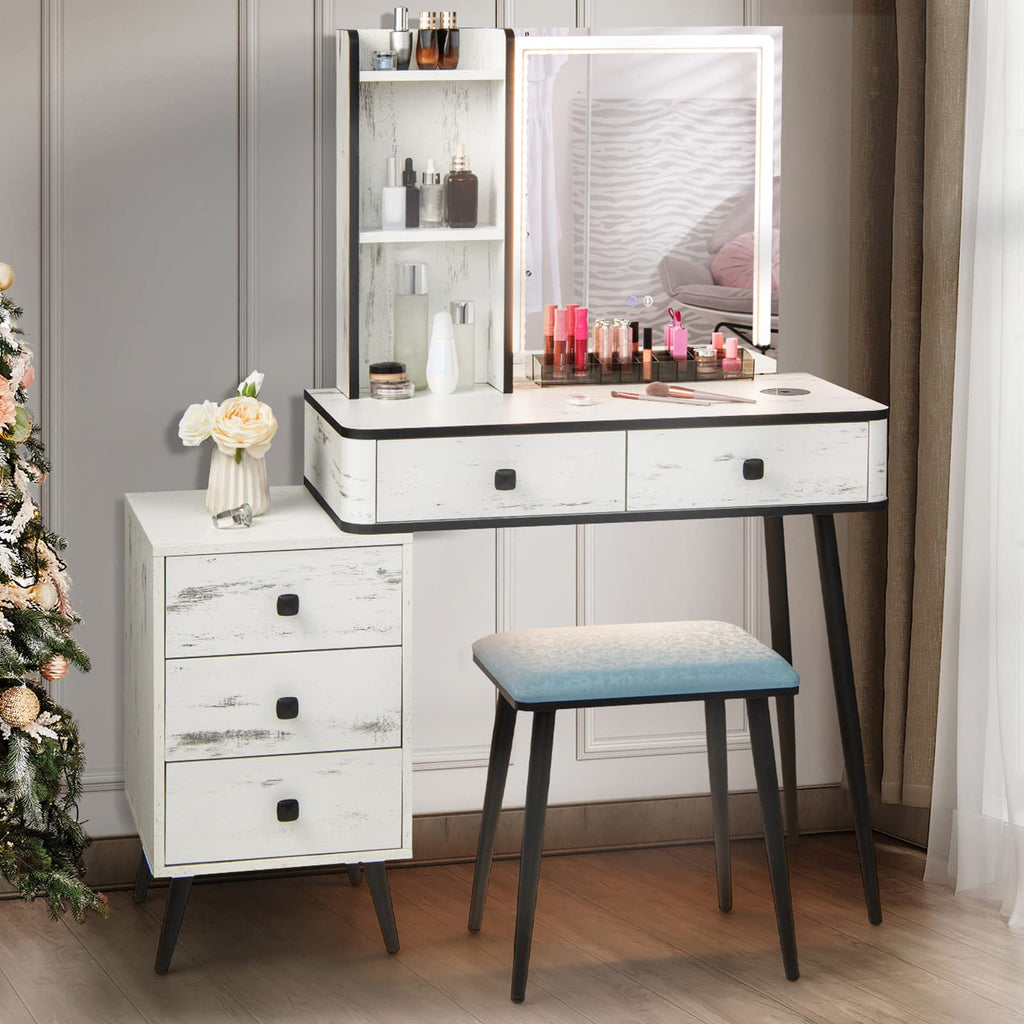 Makeup Vanity Table with Lighted Mirror and Stool U57166