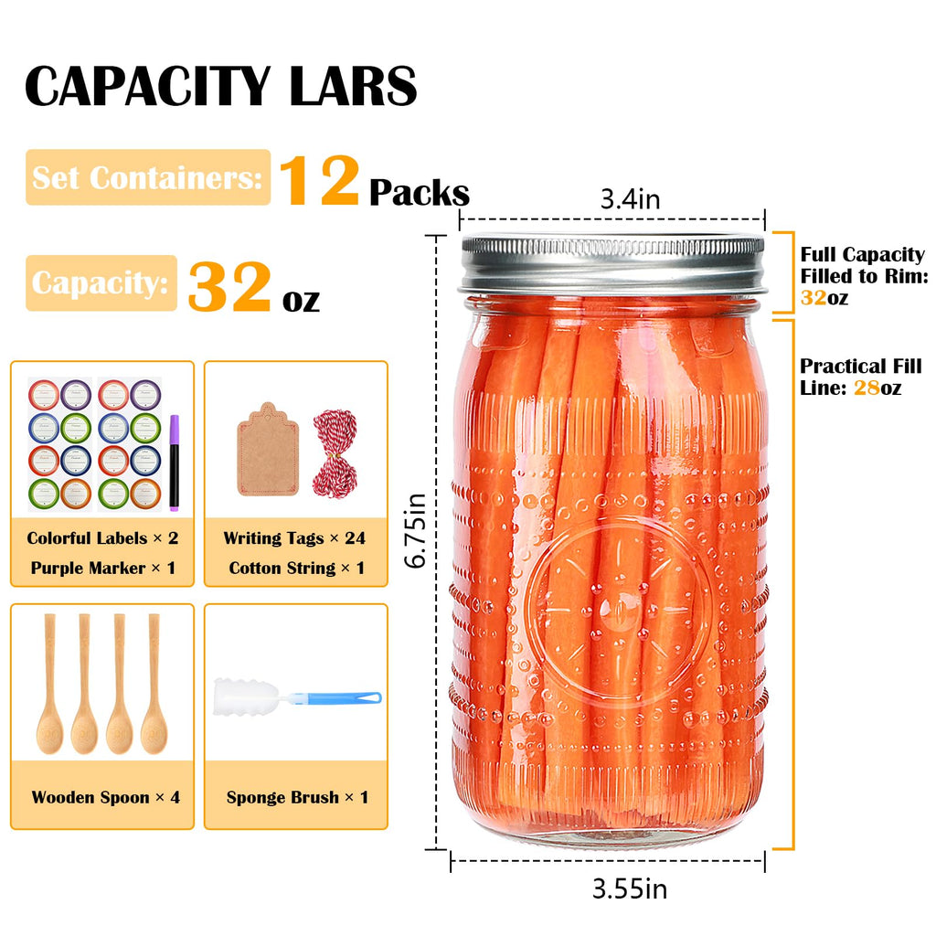 Wide Mouth Mason Jars with Lids 32oz 12 Pack B515987
