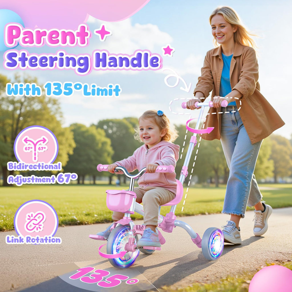 5 in 1 Pink Tricycle with Push Handle U9244