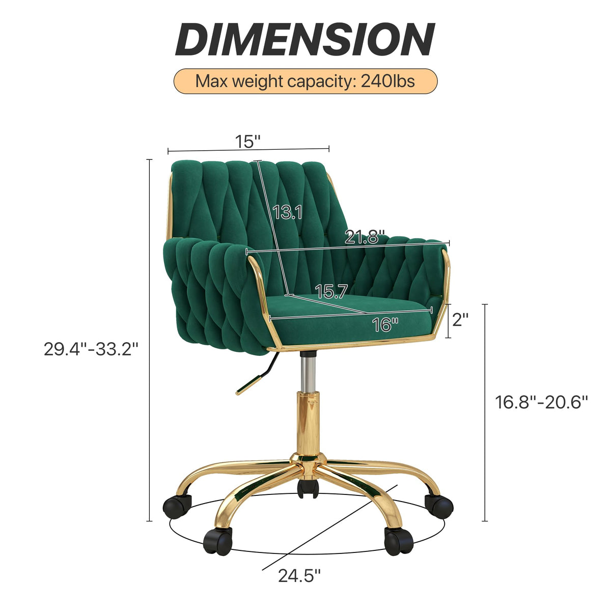Green Velvet Height Adjustable Swivel Office Chair A76279