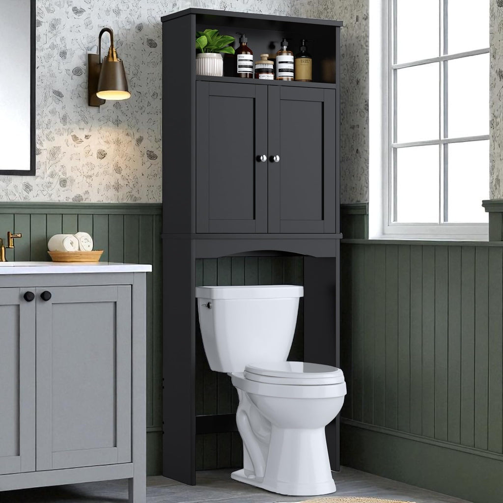 Over The Toilet Storage Cabinet with Adjustable Shelf and Double Door, Black T686204