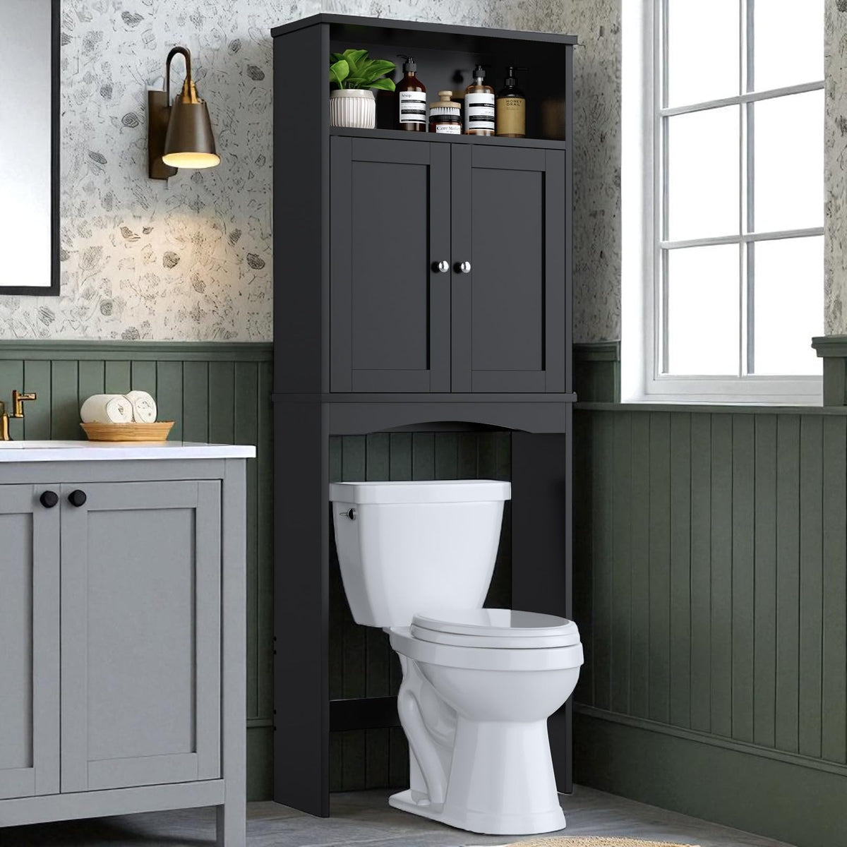 Over The Toilet Storage Cabinet with Adjustable Shelf and Double Door, Black T686204