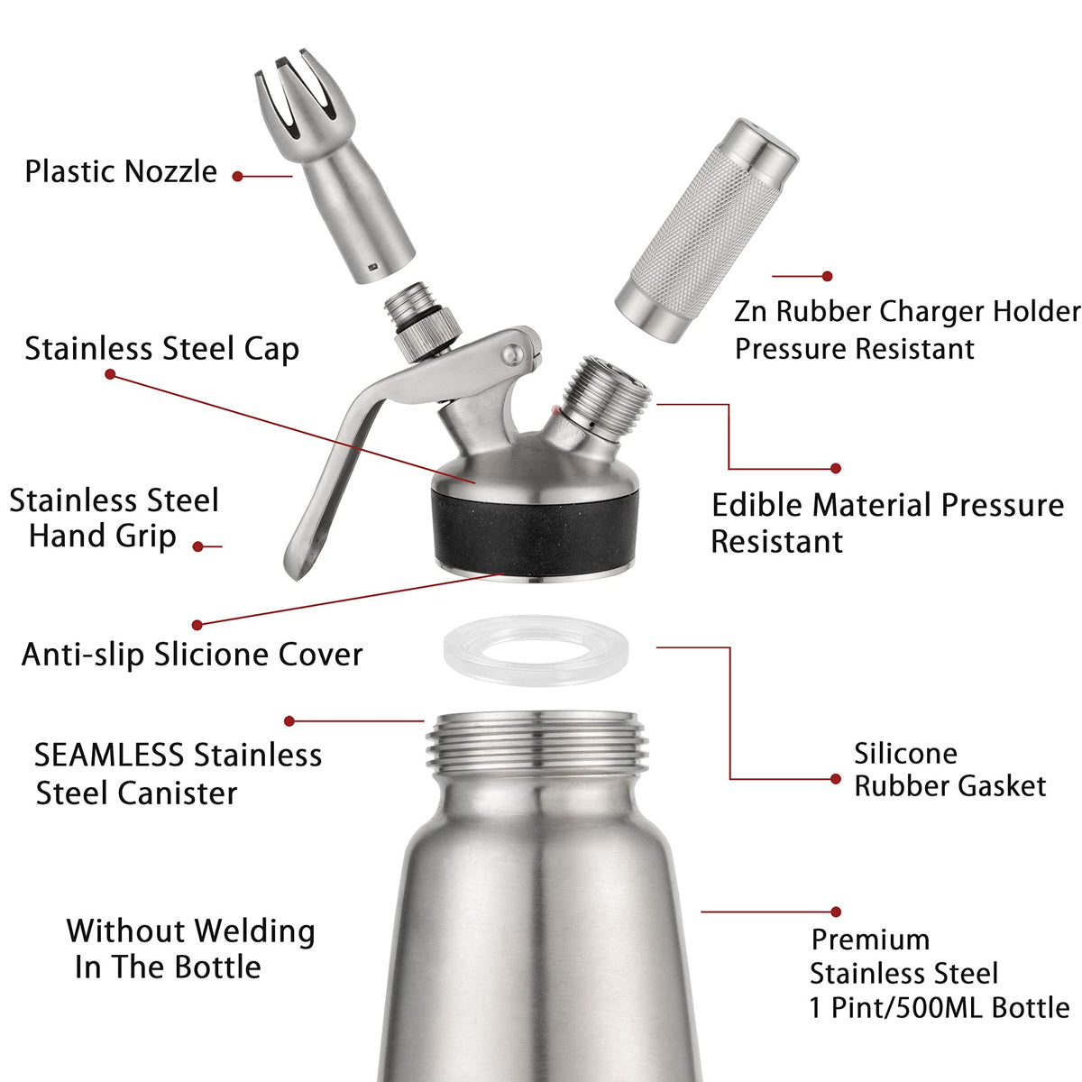 Spare Parts and Accessories for Whipped Cream Dispenser 304 Stainless Steel W348305