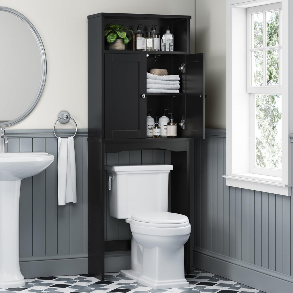 Over The Toilet Storage Cabinet with Adjustable Shelf and Double Door, Black T686204