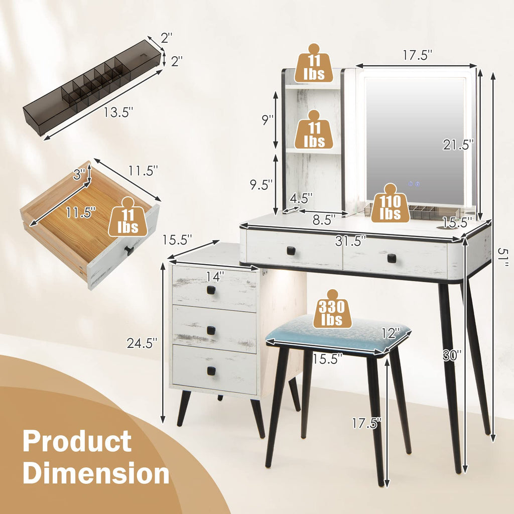 Makeup Vanity Table with Lighted Mirror and Stool U57166