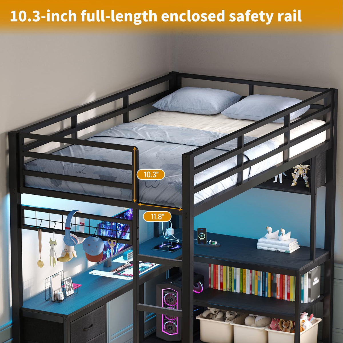 Twin Loft Bed with L-Shaped Desk and LED Lights T76870