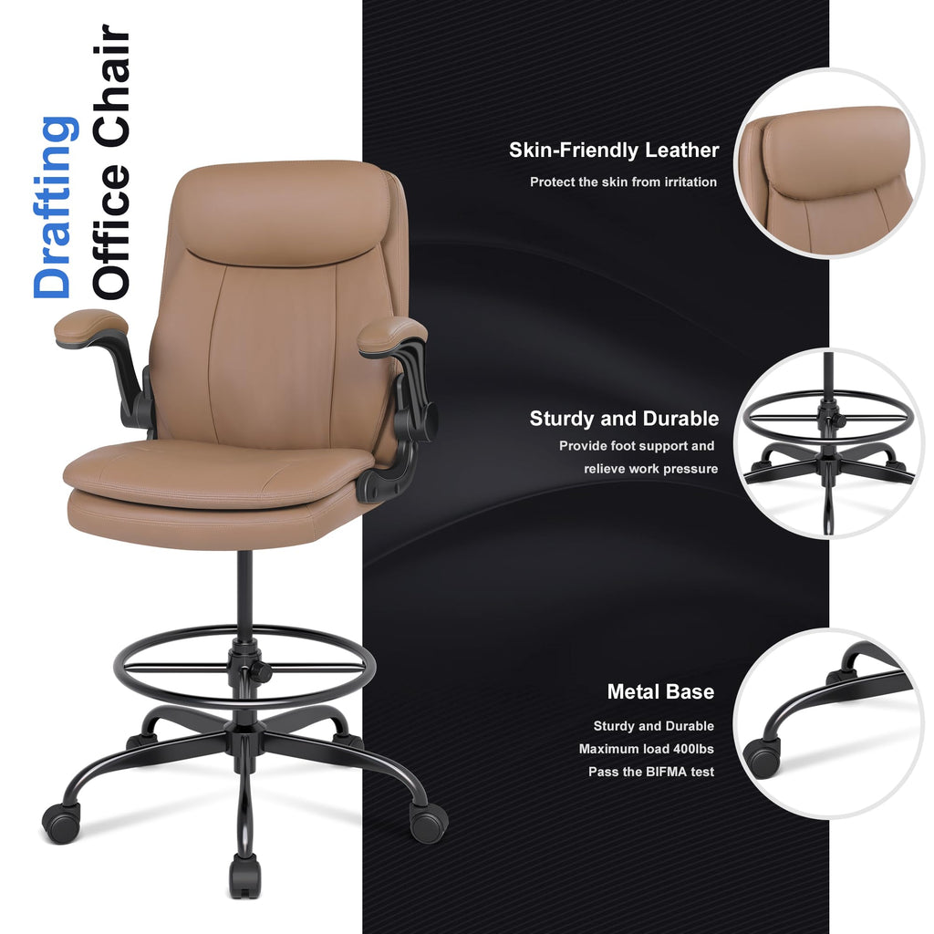 Leather Drafting Chair with Adjustable Height and Flip-up Armrest D857613