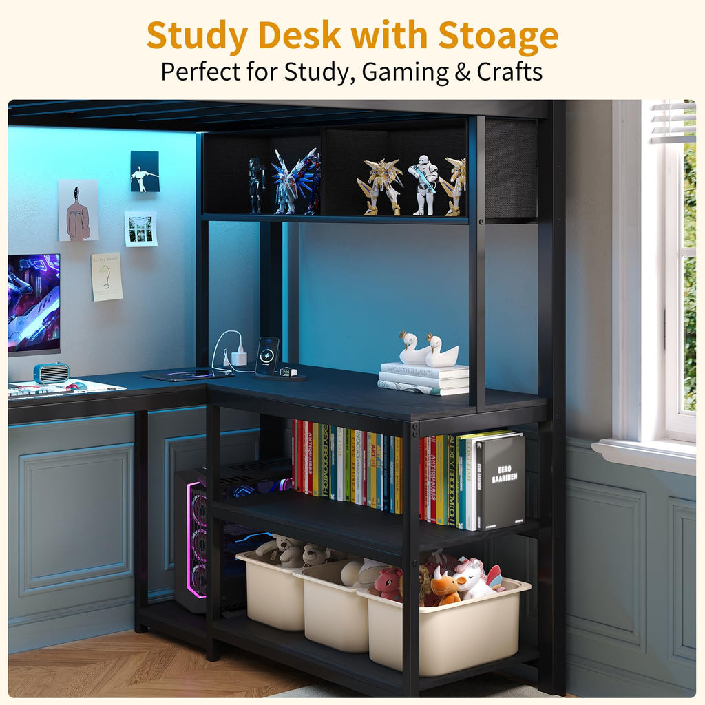 Twin Loft Bed with L-Shaped Desk and LED Lights T76870