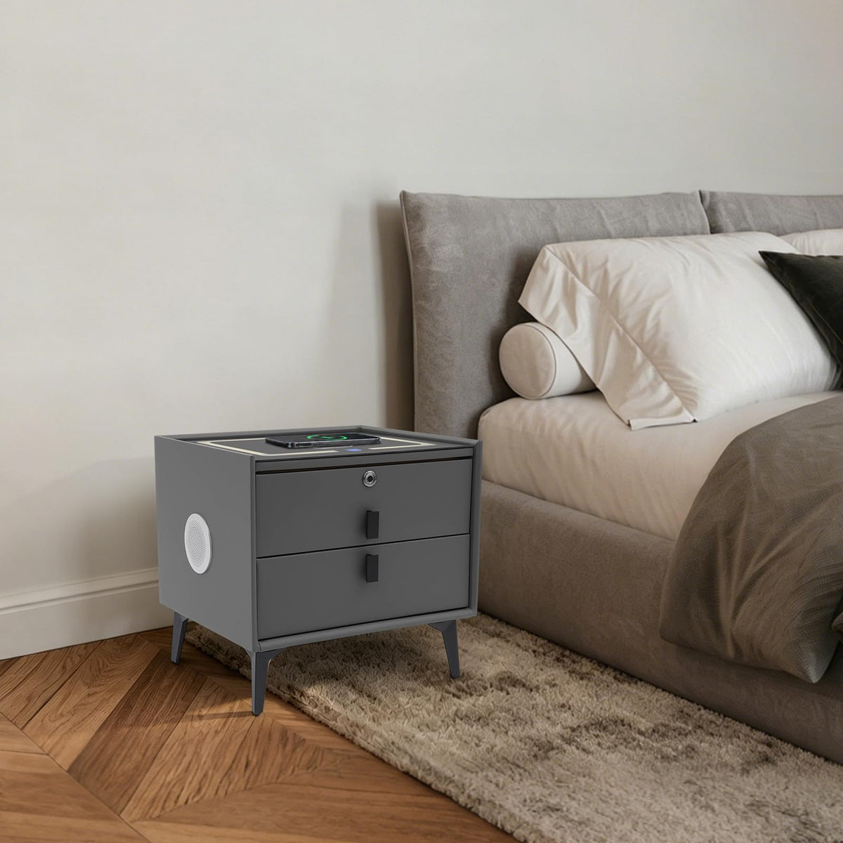 Smart Nightstand with Fingerprint Lock, Wireless Charging & 2-Drawer I35377