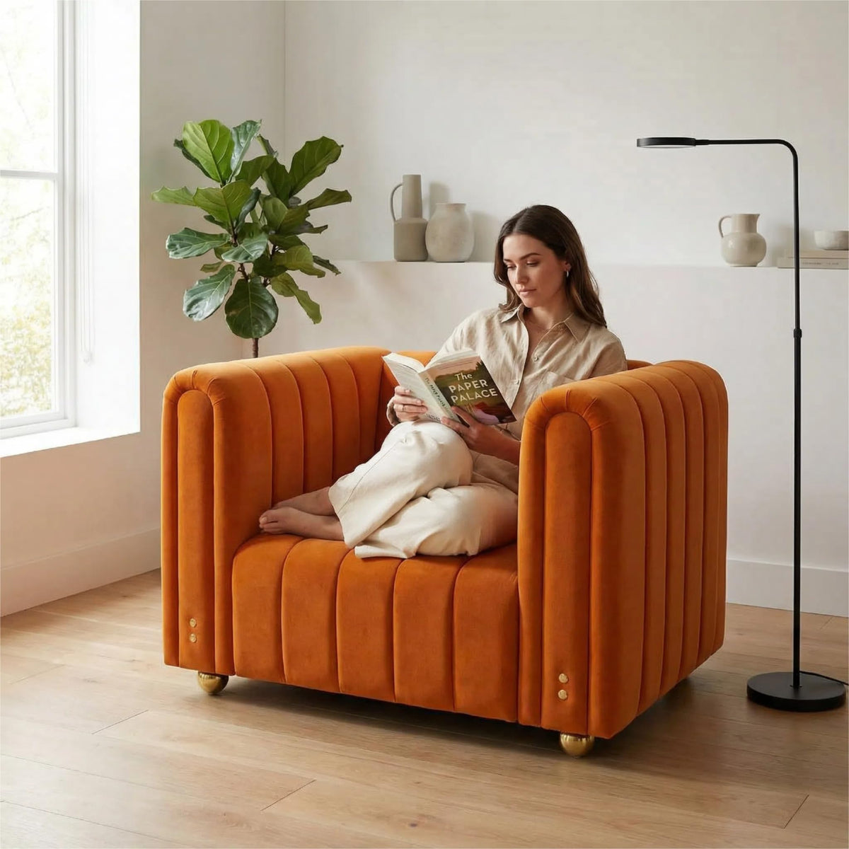 40" Orange Velvet Accent Chair with Gold Metal Legs Z684454