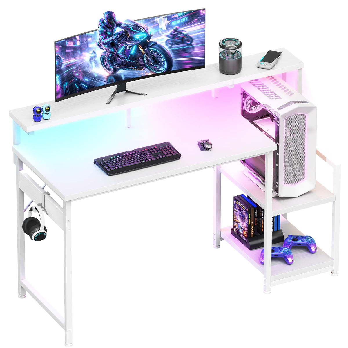 48 Inch White Gaming Desk with LED Lights H7487