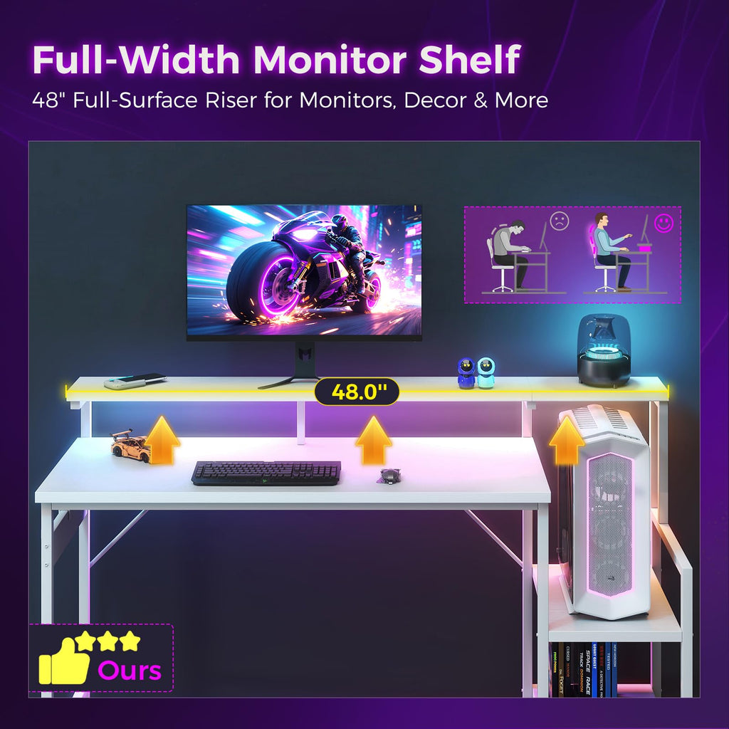 48 Inch White Gaming Desk with LED Lights H7487