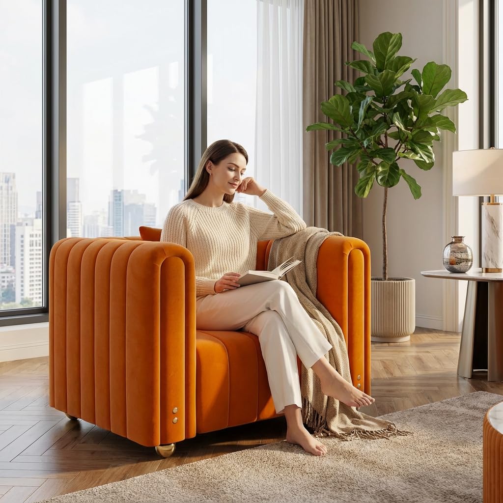 40" Orange Velvet Accent Chair with Gold Metal Legs Z684454