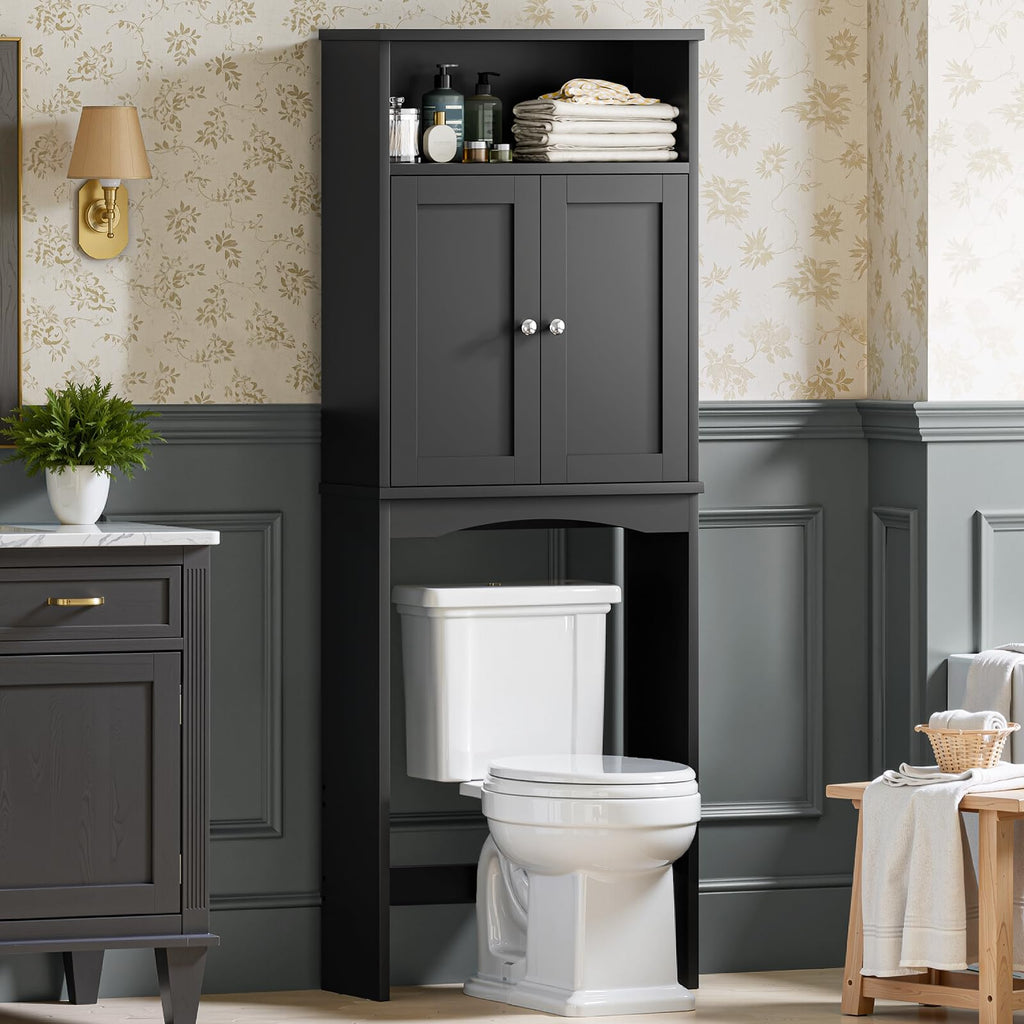 Over The Toilet Storage Cabinet with Adjustable Shelf and Double Door, Black T686204
