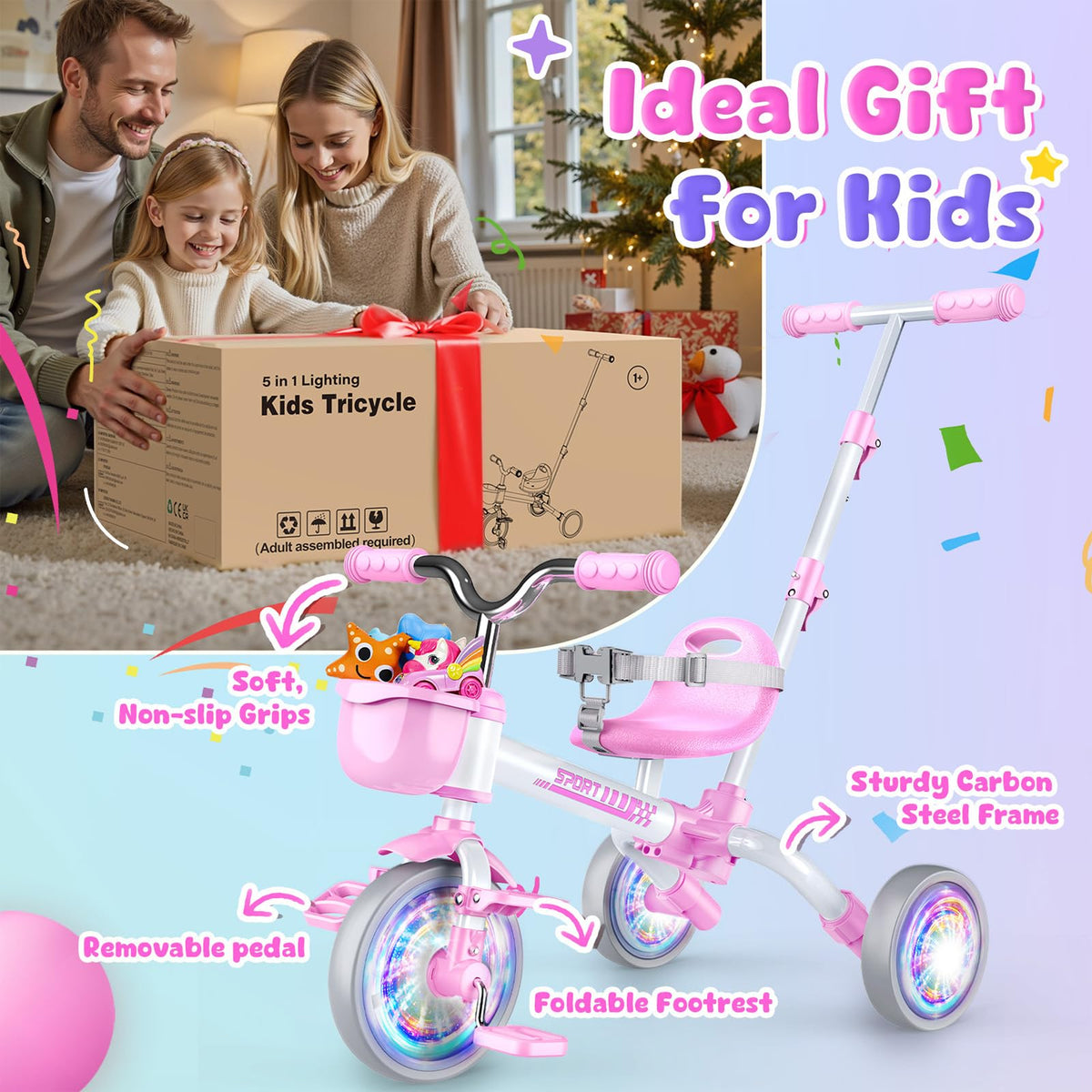 5 in 1 Pink Tricycle with Push Handle U9244