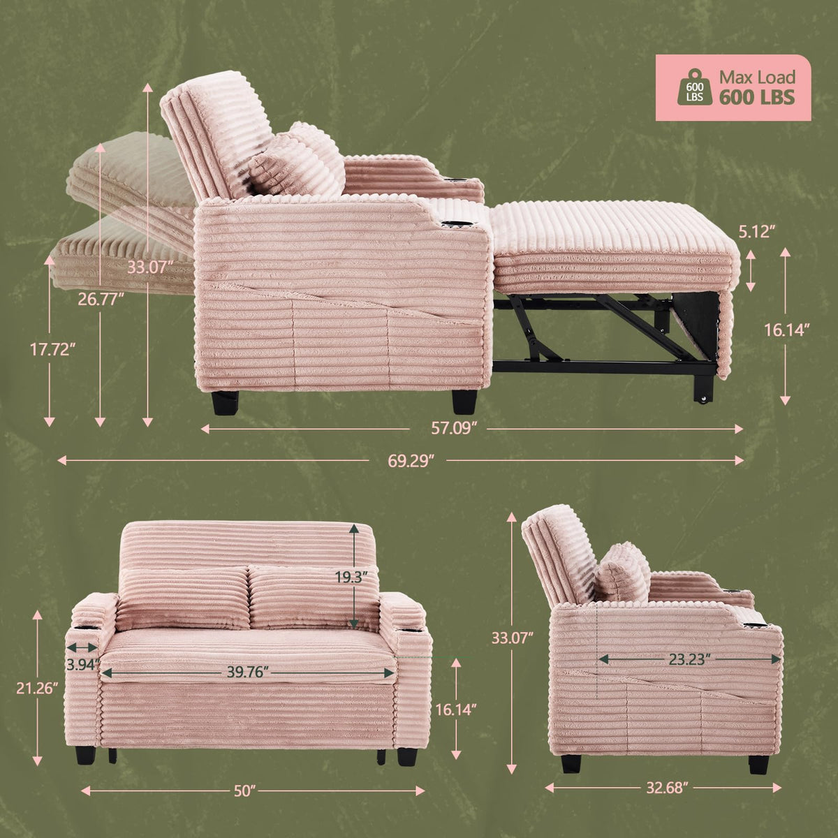Loveseat Sleeper Sofa Couch with Pull Out Chair Bed Q981075