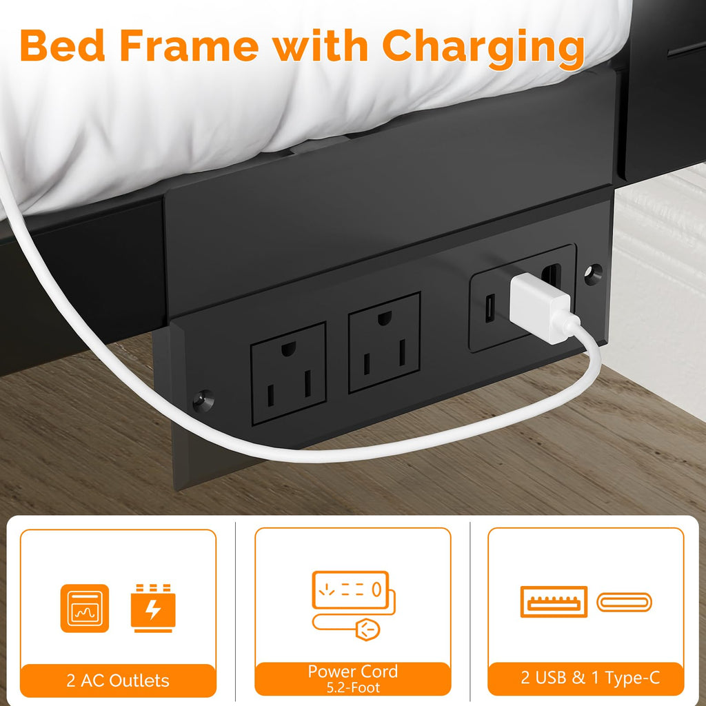 Twin Bed Frame Set of 2 with LED Headboard and USB Charging Station Z415160
