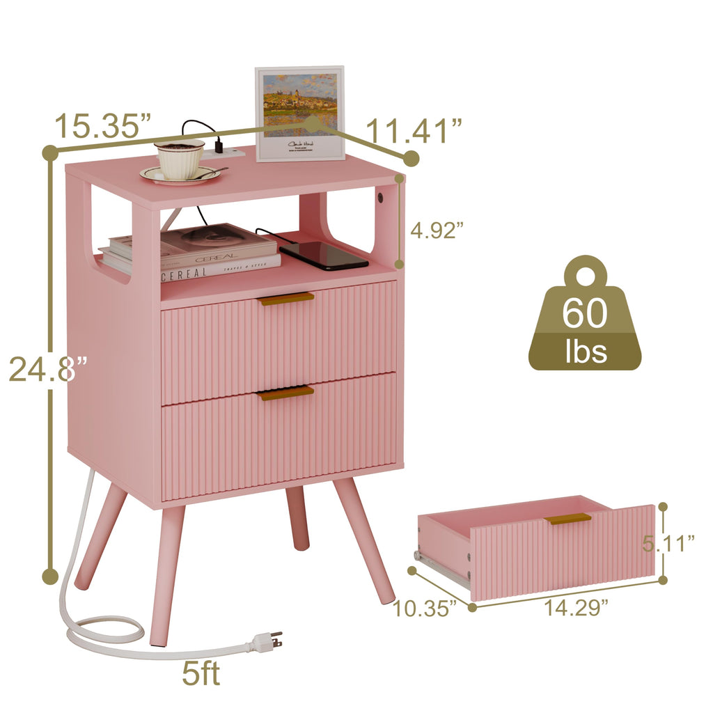 Pink Nightstand with Charging Station and LED Lights M97407