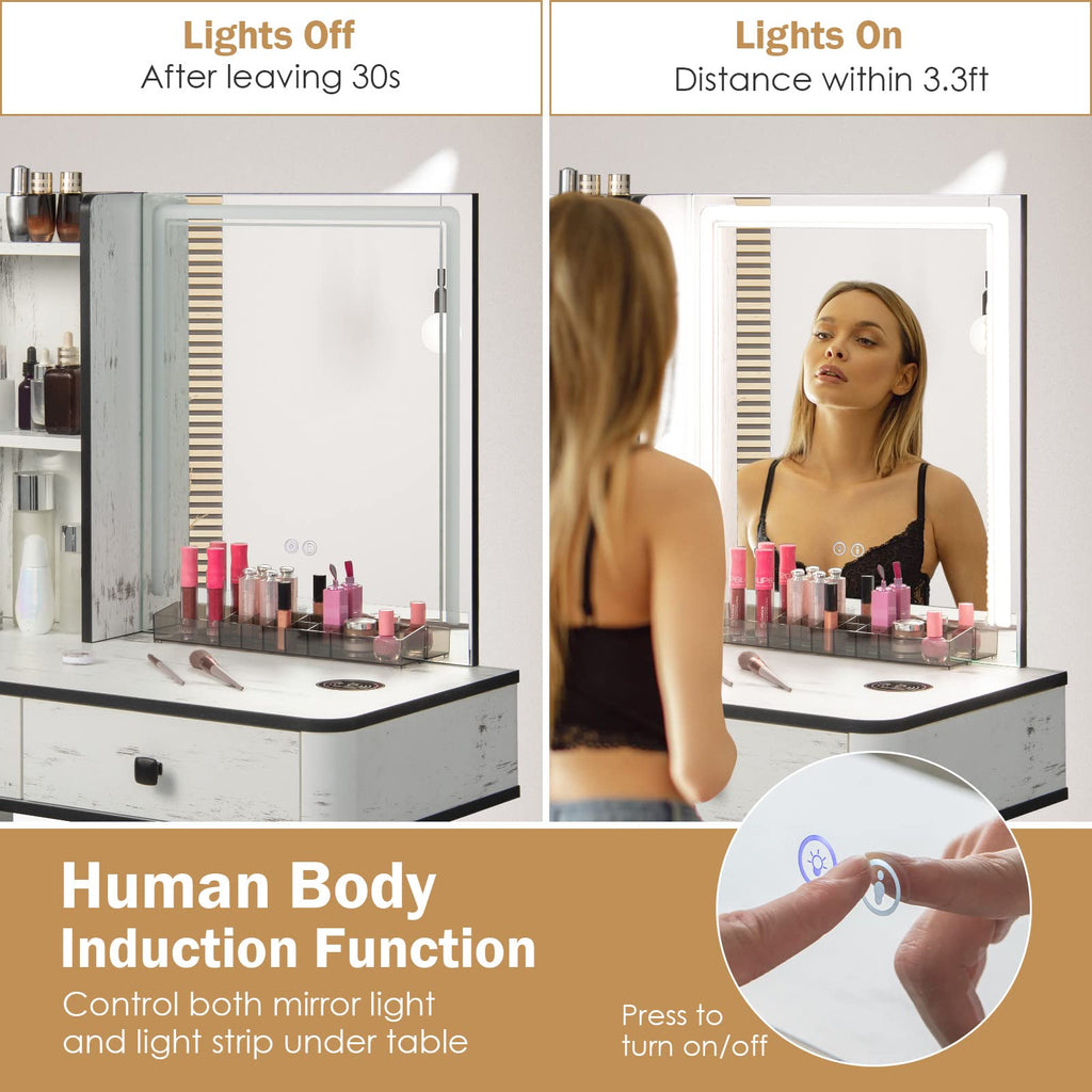 Makeup Vanity Table with Lighted Mirror and Stool U57166