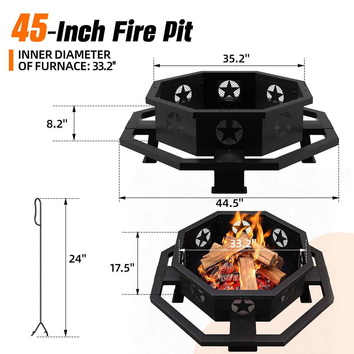 45 Inch Black Wood Burning Octagonal Fire Pit with Poker F849
