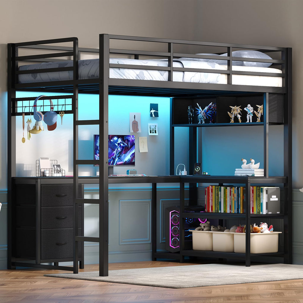 Twin Loft Bed with L-Shaped Desk and LED Lights T76870
