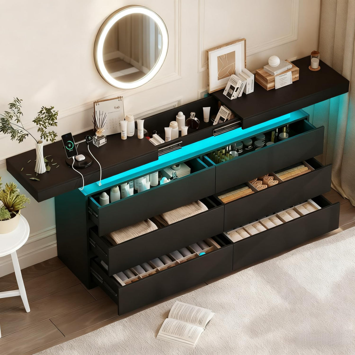 Black 6 Drawer Dresser with Sliding Desktop L608255