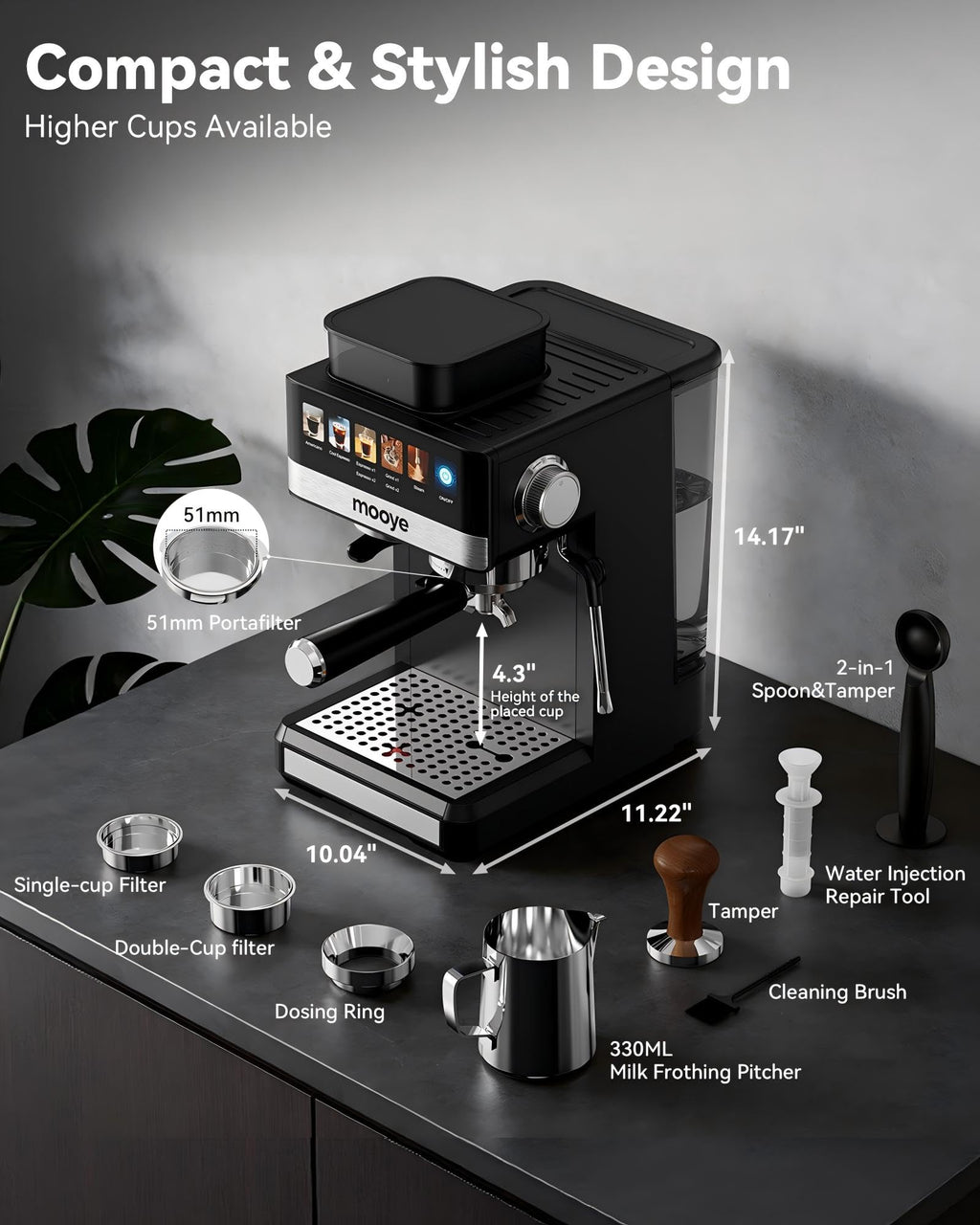 20Bar Compact Espresso Machine with Grinder and Steam Milk Frother N936042