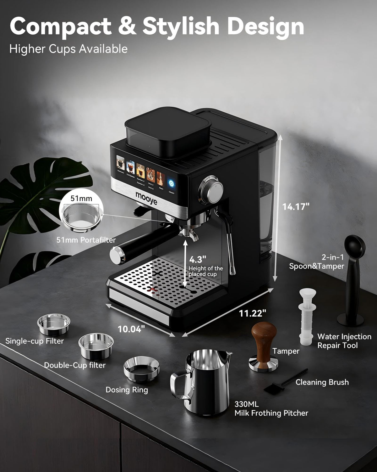 20Bar Compact Espresso Machine with Grinder and Steam Milk Frother N936042
