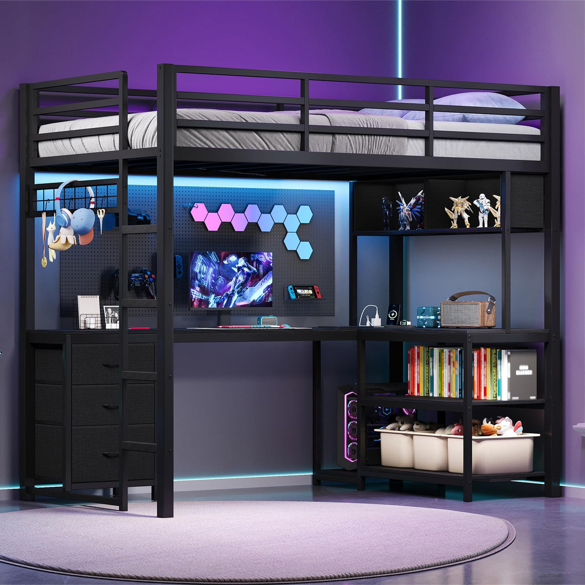 Twin Loft Bed with L-Shaped Desk and LED Lights T76870