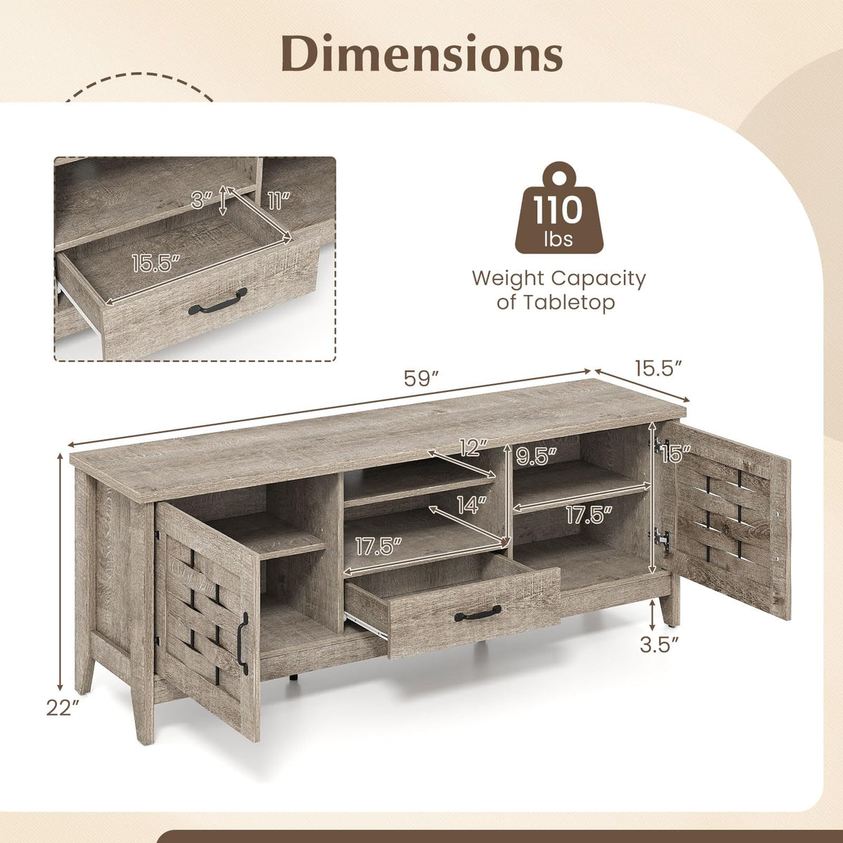 Farmhouse 59" Wood TV Stand with Storage Drawer G386