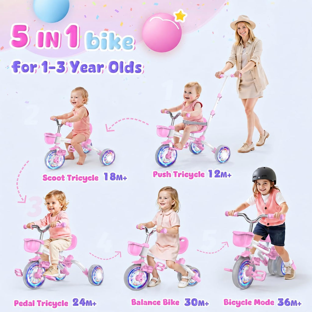 5 in 1 Pink Tricycle with Push Handle U9244