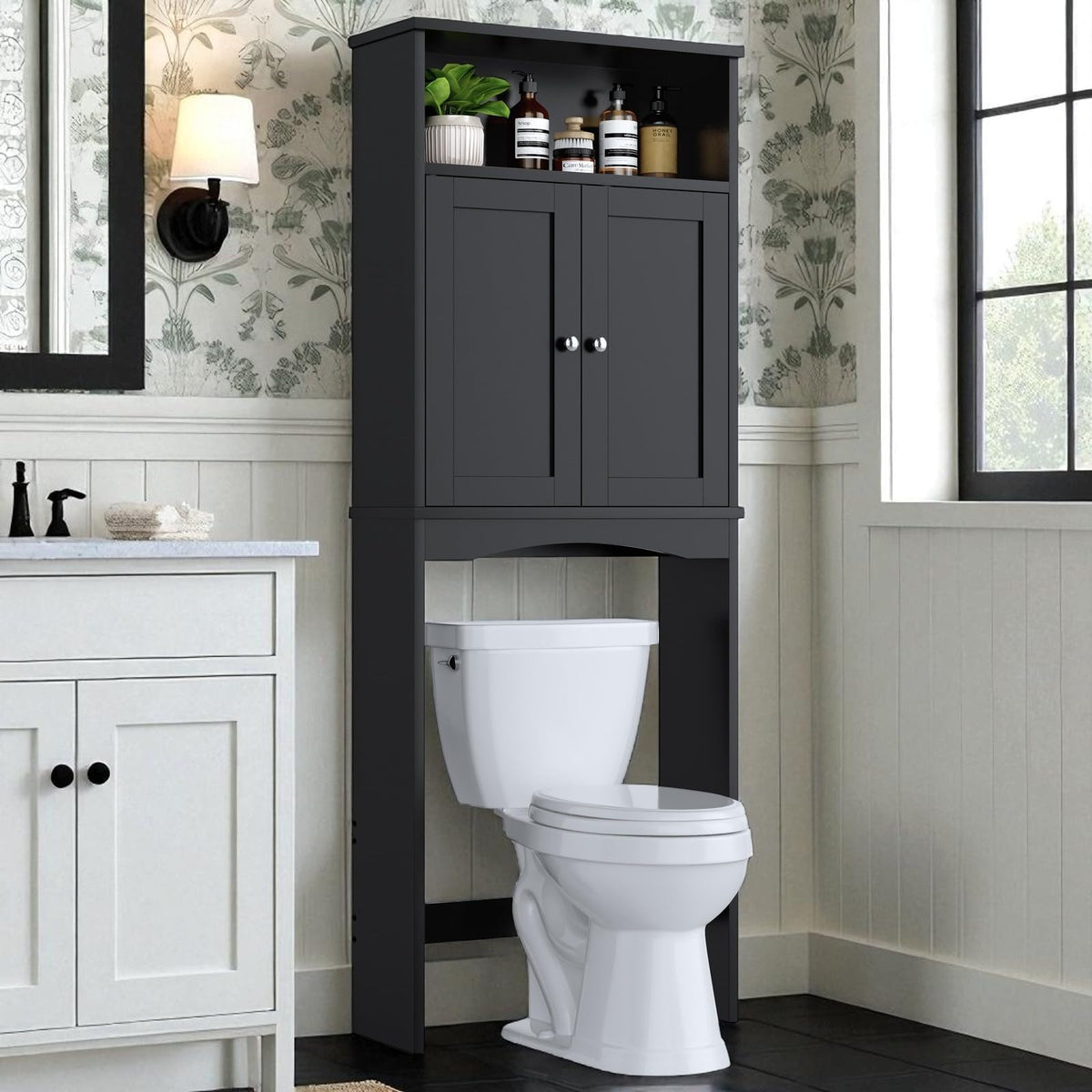 Over The Toilet Storage Cabinet with Adjustable Shelf and Double Door, Black T686204